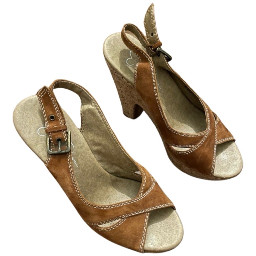 JESSICA SIMPSON Leather Sandal Cork Block Heels Cognac size 8.5